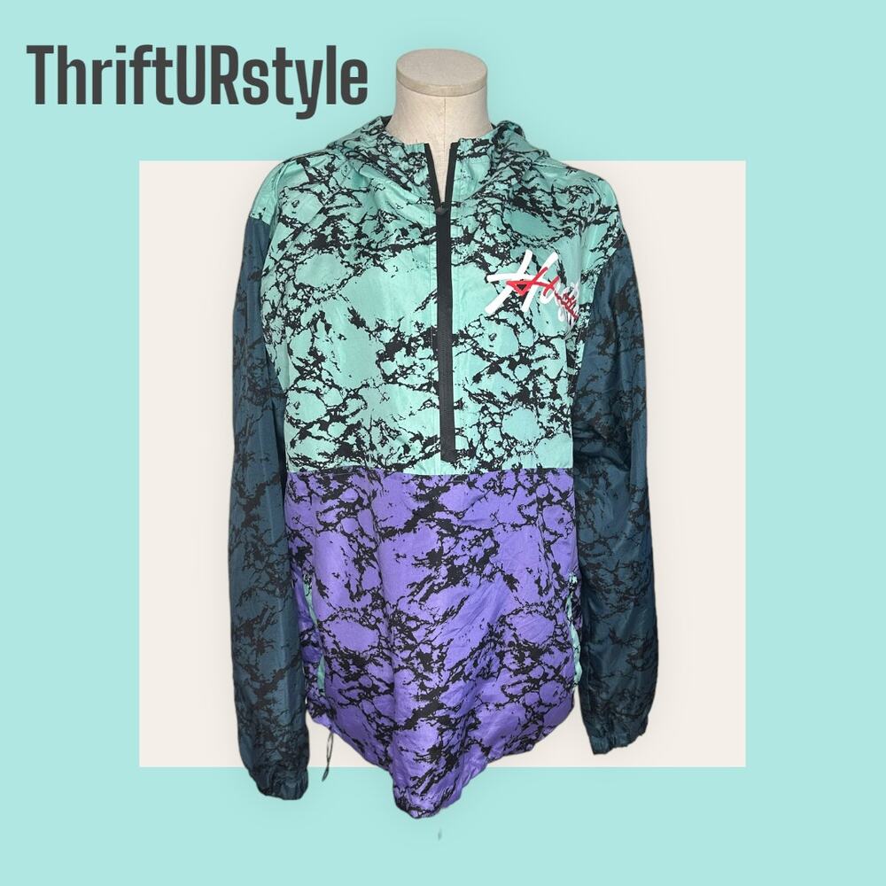 Encrypted Mens Large Half Zip‎ Windbreaker Teal Purple Hustle Hooded Jacket